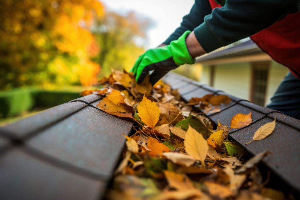 man cleaning leaves rain gutter roof cleaning dirty gutters scaled
